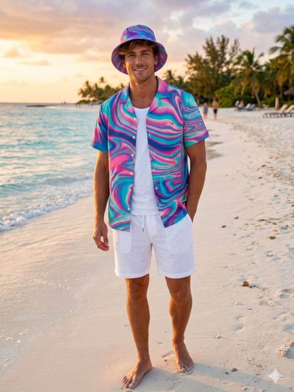 Men's 2 Pc Set Bright Colors Shirt and Shorts Summer Set With Bucket Hat Sz M